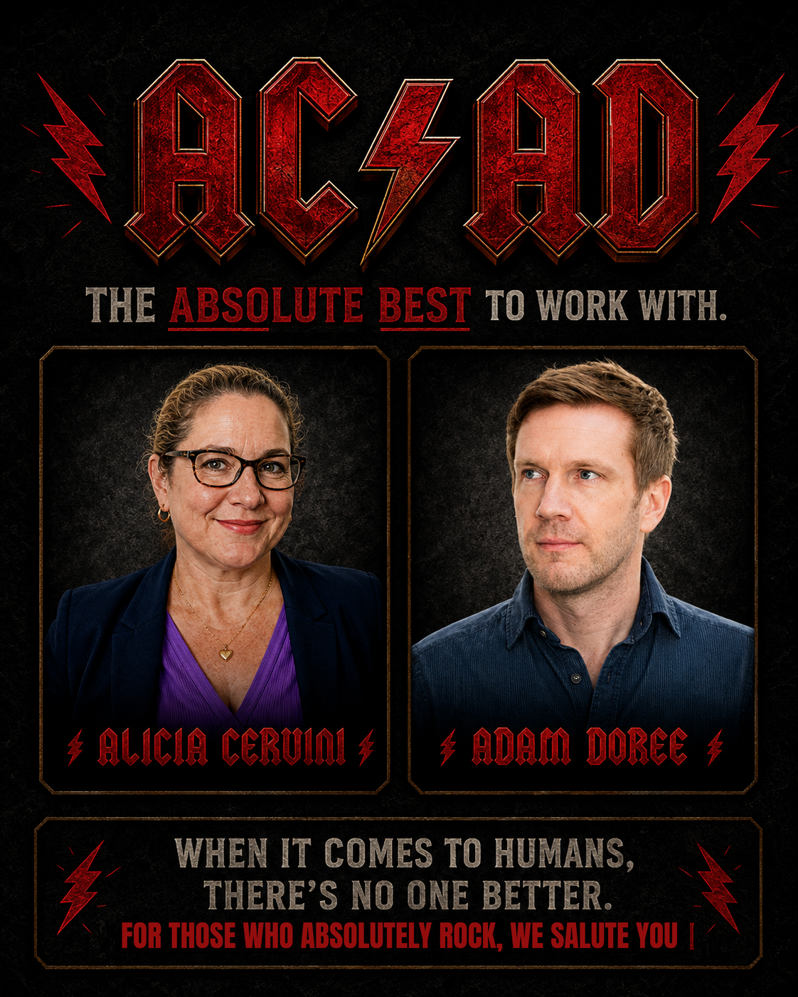 AC/AD. The Absolute Best to Work With. Alicia Cervini and Adam Doree. When it comes to humans, there's no one better. That's why we built absobest.com.